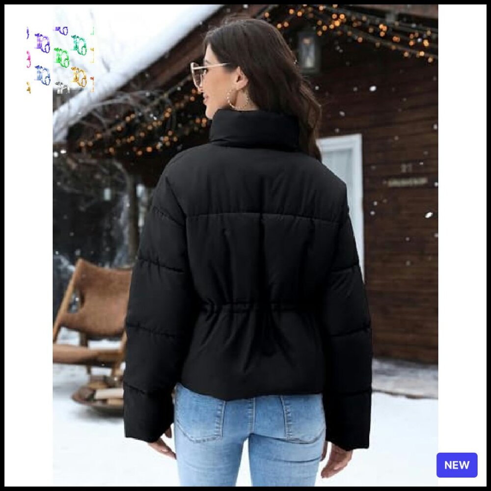 Cropped Quilted Puffer Jacket Winter Outerwear Full Zipper Padded Slim Fit Chic - Picture 4 of 8